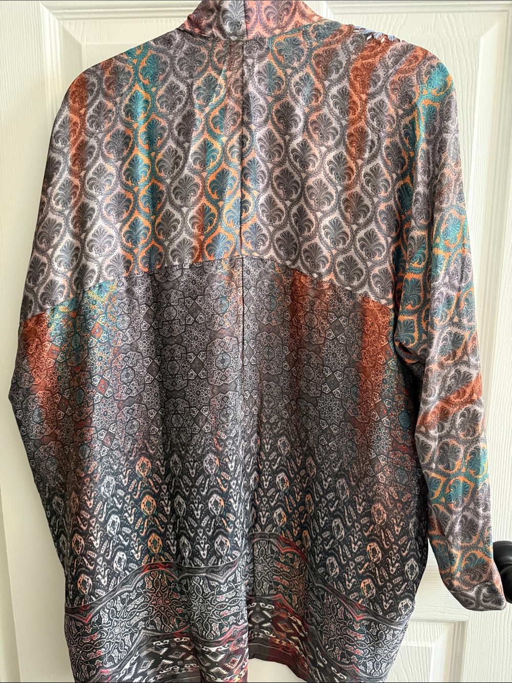 Boho Paisley Open Kimono Silk Hand Embroidered Cardigan in Rust, Teal & Gray - Picture 5 of 7